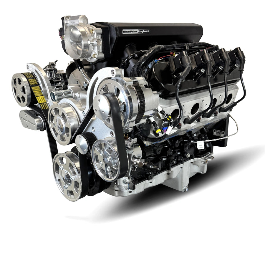 BluePrint Engines GM LS Compatible 376 c.i. Pro Series Engine - BPE Fabbed Aluminum Intake - Deluxe Dressed - Polished Pulley Kit - Holley Terminator X Max