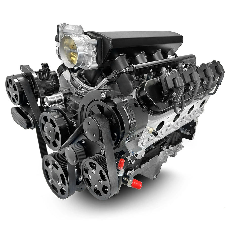 BluePrint Engines GM LS Compatible 376 c.i. Pro Series Engine - BPE Fabbed Aluminum Intake - Deluxe Dressed - Black Pulley Kit - Holley Terminator X Max